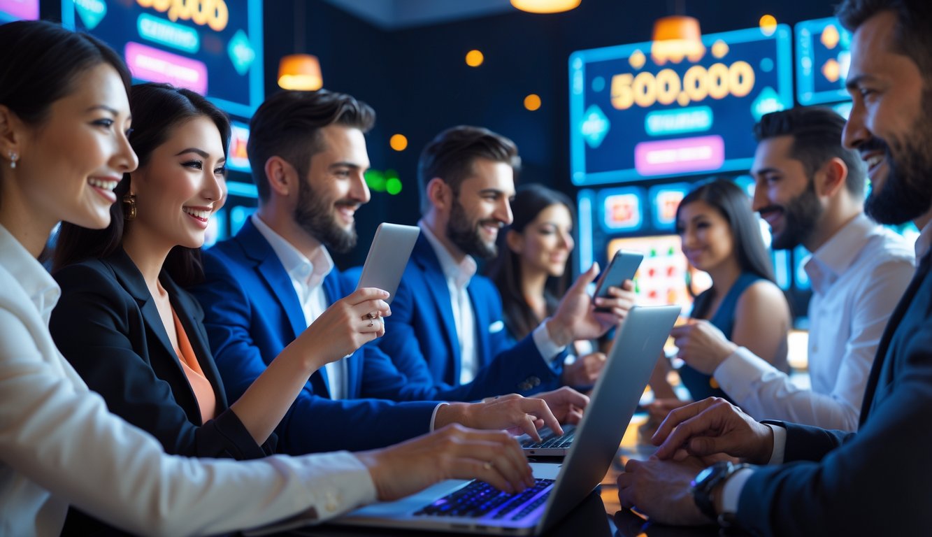 Orang-orang sedang menggunakan perangkat digital di lingkungan kasino online yang modern dan profesional.