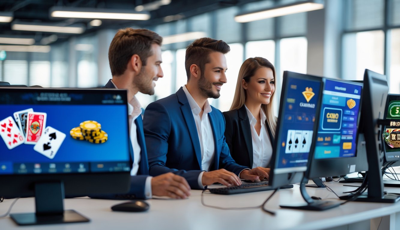 Dua orang profesional bekerja bersama di kantor modern dengan layar komputer menampilkan grafik kasino online.