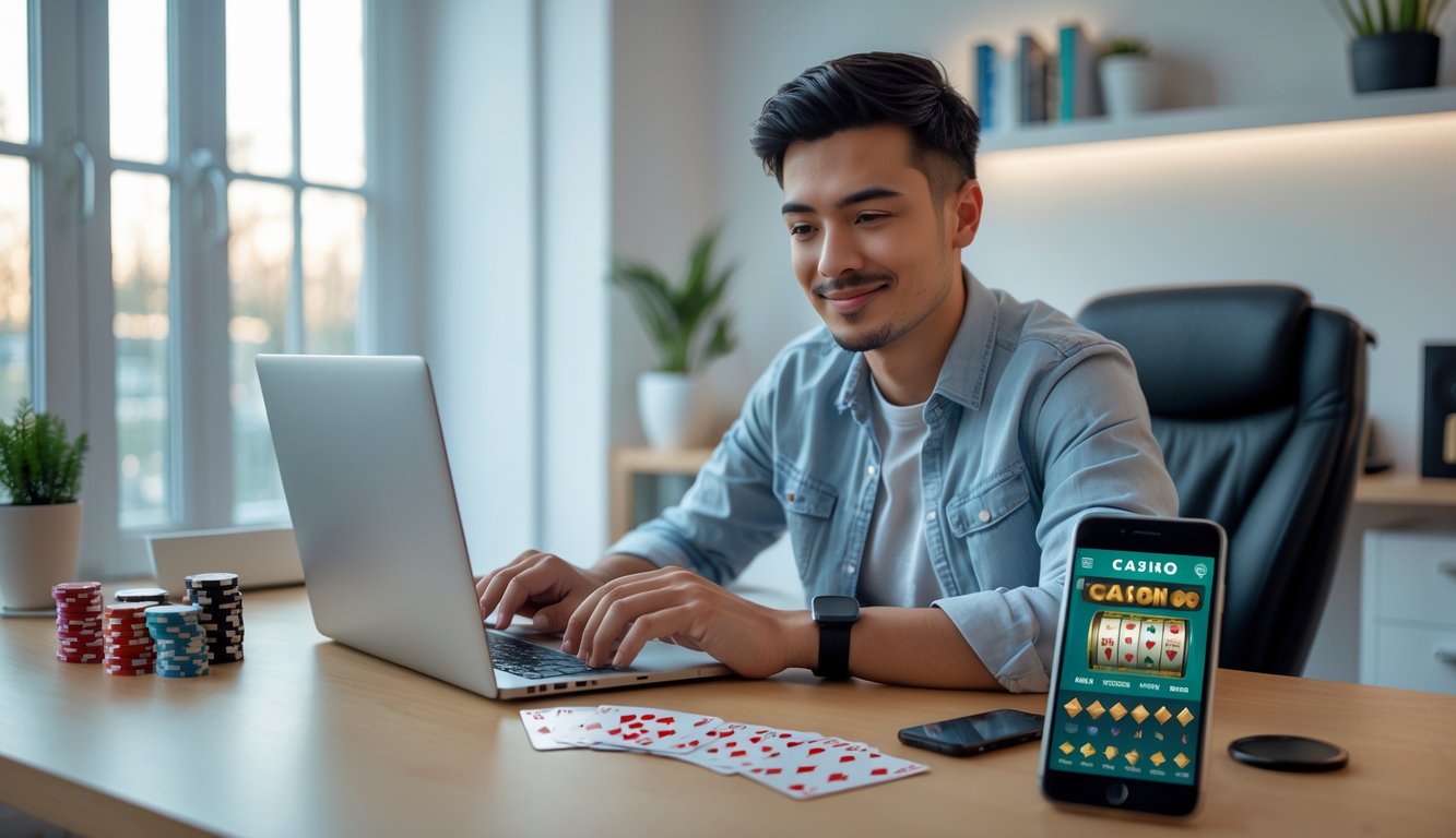 Seorang dewasa muda yang percaya diri sedang menggunakan laptop di ruang kerja rumah yang rapi dengan kartu remi dan chip poker di meja.