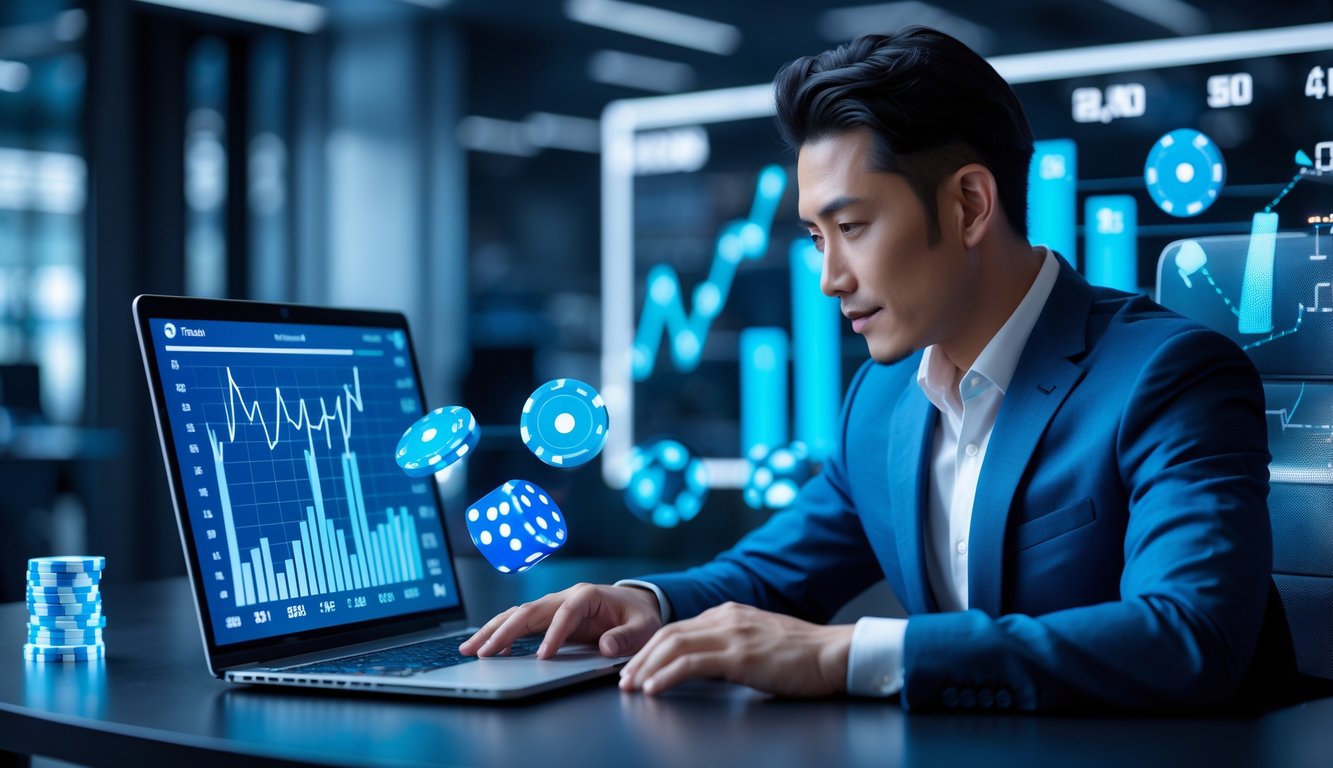 Seorang pria Asia berpakaian rapi duduk di meja dengan laptop, menampilkan grafik dan ikon permainan kasino digital di latar belakang.
