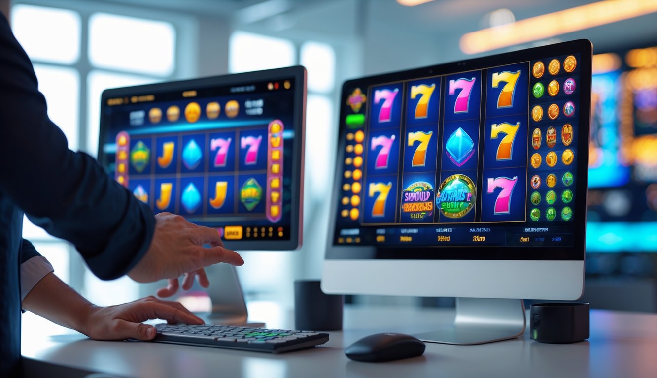 Seseorang sedang bermain mesin slot online menggunakan komputer dan ponsel di ruang kerja modern.