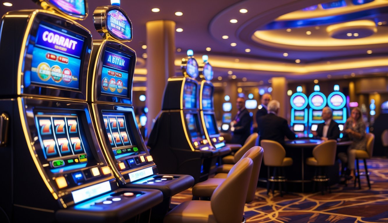 Suasana kasino modern dengan mesin slot yang menyala dan beberapa orang sedang bermain dengan ekspresi antusias.