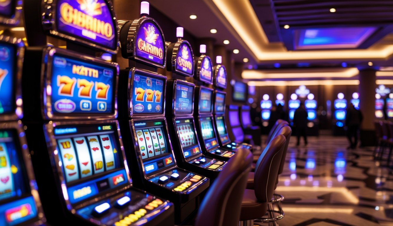 Suasana kasino modern dengan deretan mesin slot berwarna cerah dan lampu menyala, beberapa orang bermain di latar belakang.