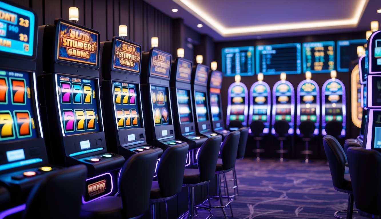 Ruangan permainan kasino modern dengan mesin slot digital berwarna-warni yang menyala dan tampak menarik.