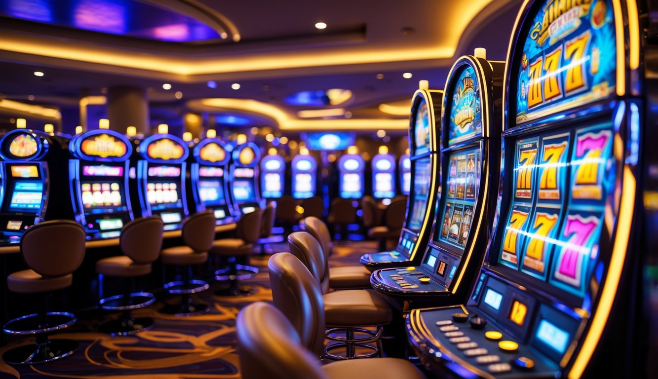 Mesin slot berwarna cerah di dalam kasino modern tanpa orang, menampilkan suasana yang hidup dan mengundang.