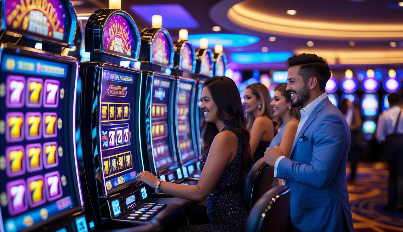 Suasana kasino modern dengan mesin slot berwarna-warni dan beberapa pemain yang sedang bermain dengan ekspresi antusias.