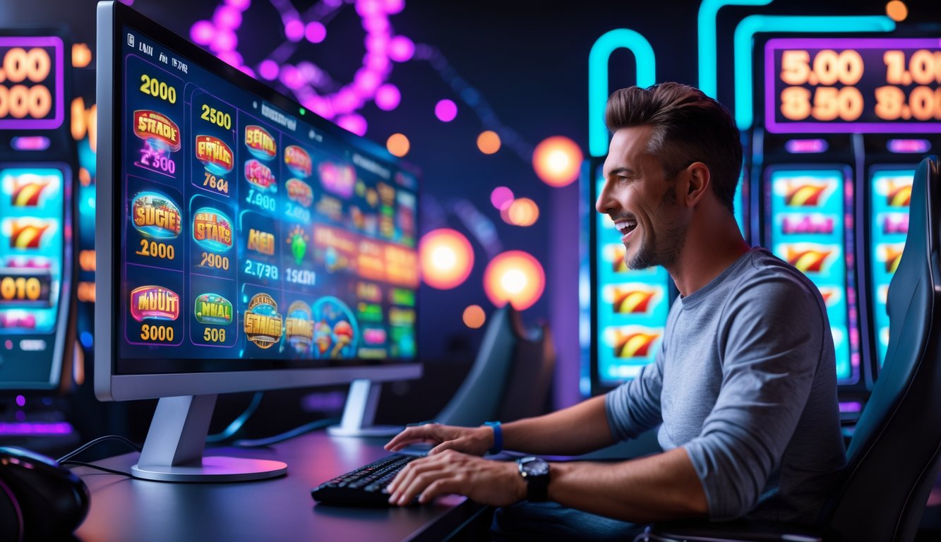 Seseorang sedang bermain permainan slot online di komputer dengan layar berwarna-warni menampilkan kemenangan.