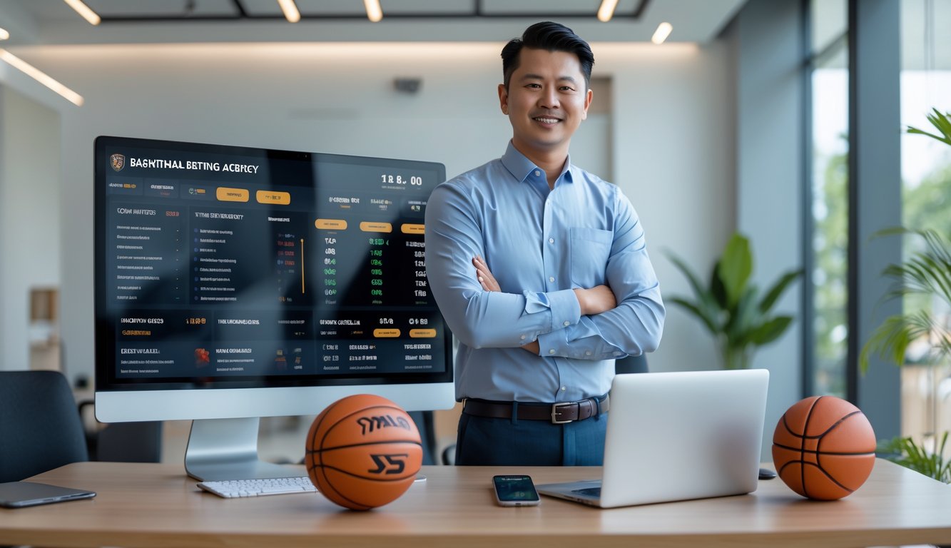 Seorang pria Asia Tenggara berdiri di kantor modern dengan layar digital menampilkan statistik bola basket dan meja dengan bola basket serta perangkat elektronik.