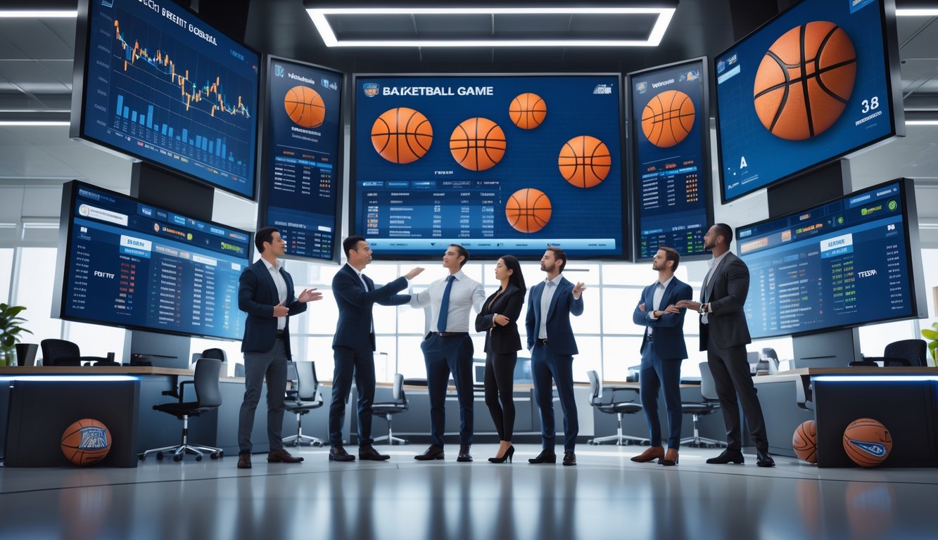 Orang-orang di kantor taruhan olahraga sedang melihat layar besar dengan statistik dan peluang pertandingan basket.