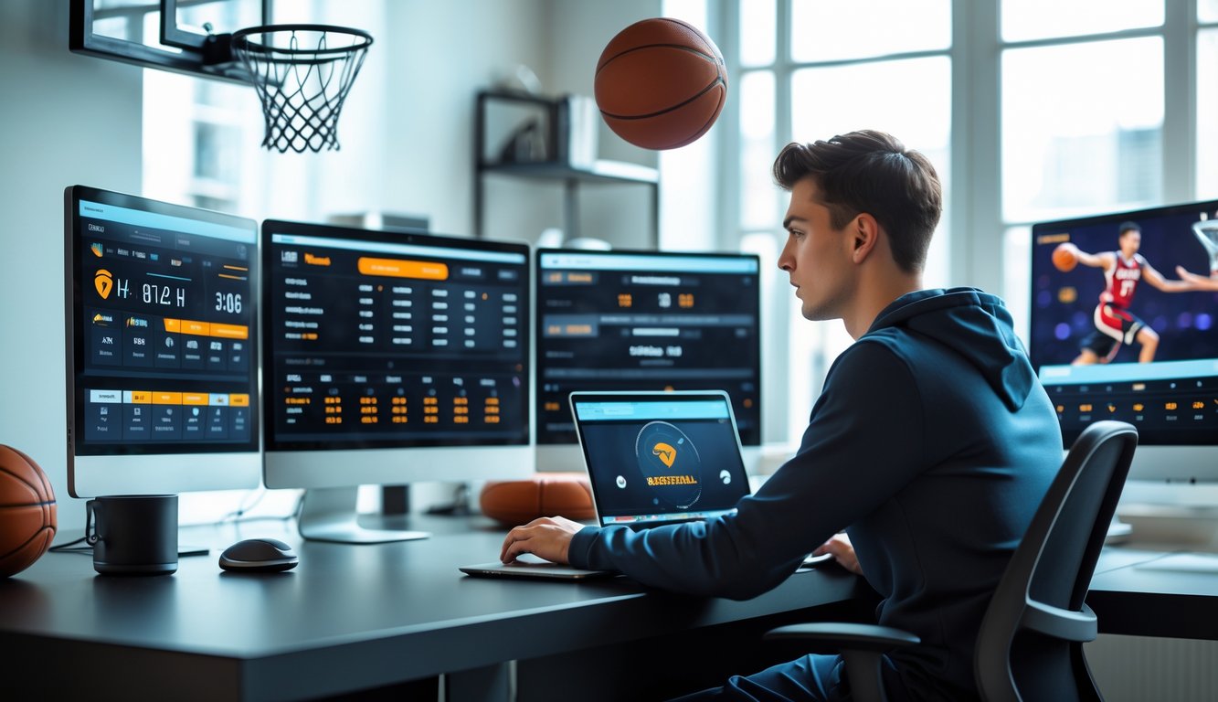 Seorang pria muda duduk di depan komputer dengan layar yang menampilkan statistik dan skor pertandingan bola basket dalam ruangan kerja modern.