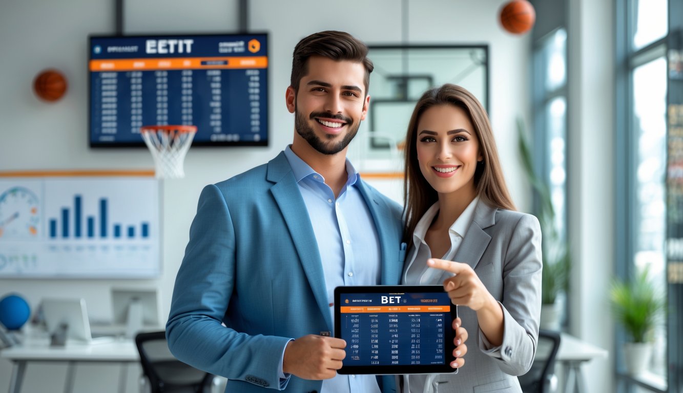 Seorang pria dan wanita berdiri di kantor modern dengan elemen bola basket di latar belakang, pria memegang tablet dan wanita menunjuk layar sambil tersenyum.