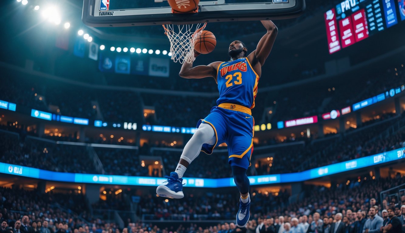 Seorang pemain basket sedang melompat untuk melakukan slam dunk di arena basket yang penuh penonton.