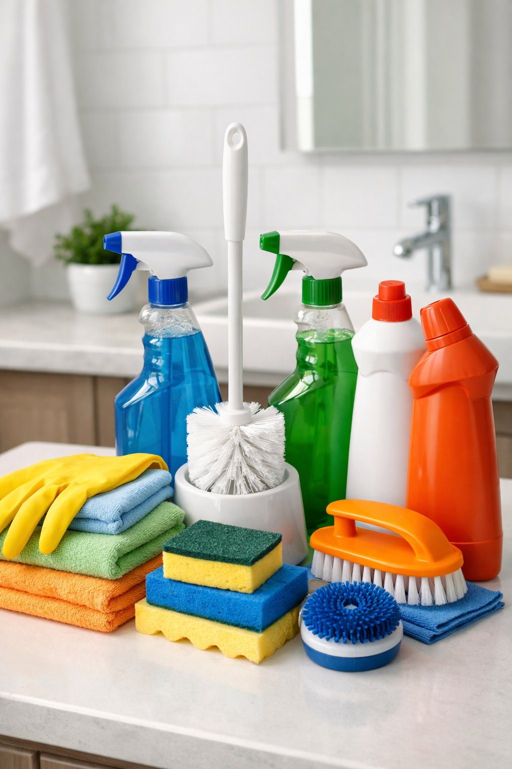 How to Clean a Bathroom Step by Step: Comprehensive Cleaning Guide 2 A collection of bathroom cleaning supplies including spray bottles, sponges, gloves, and brushes arranged on a bathroom countertop.