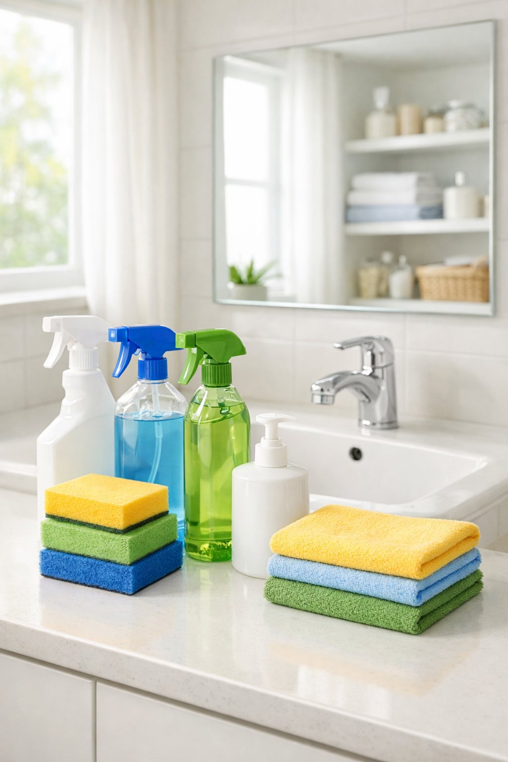 How to Clean a Bathroom Step by Step: Comprehensive Cleaning Guide 3 A clean and organized bathroom with cleaning supplies neatly arranged on the countertop and shelves with folded towels.