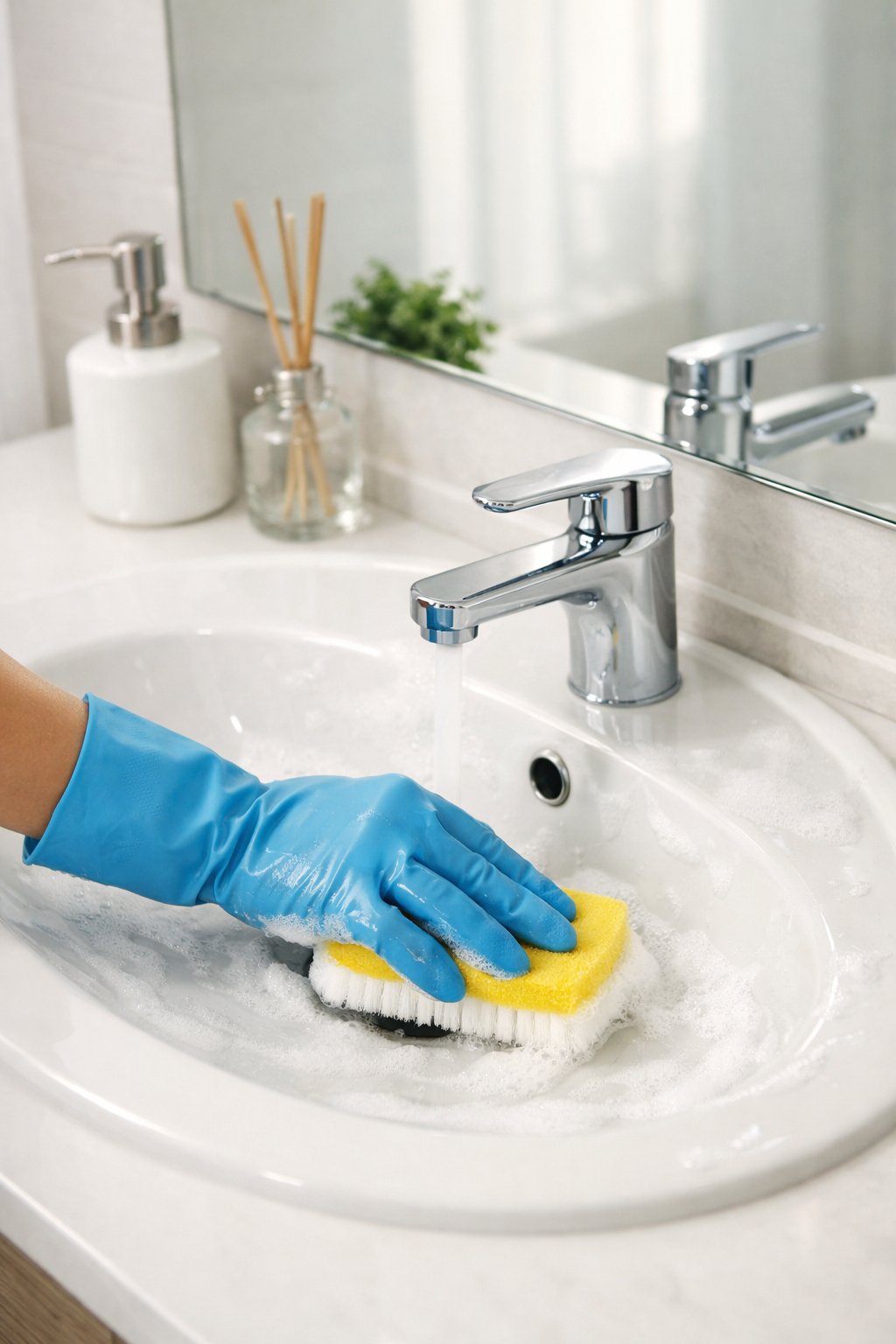 How to Clean a Bathroom Step by Step: Comprehensive Cleaning Guide 6 Person wearing gloves scrubbing a clean bathroom sink and countertop with cleaning tools.