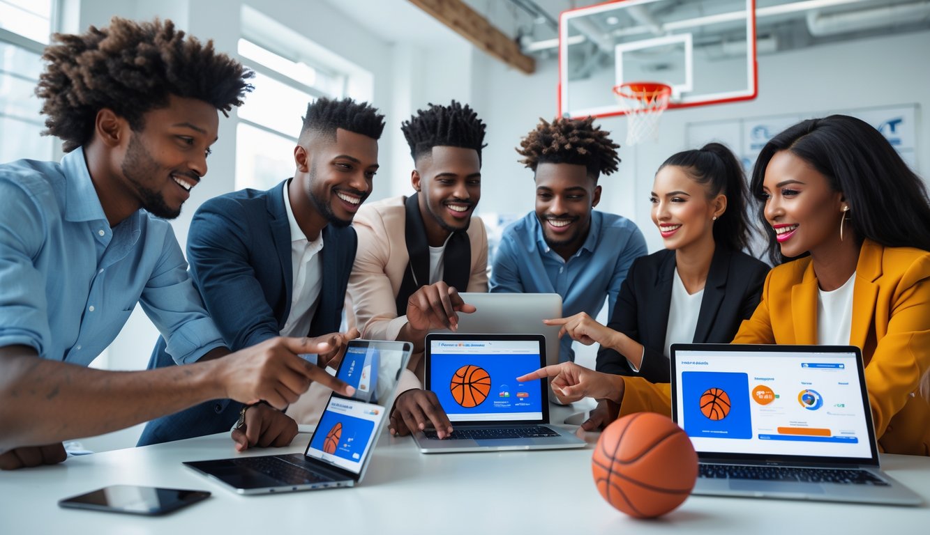 Sekelompok orang muda yang percaya diri sedang berkumpul di ruang kerja modern, menggunakan perangkat digital dengan gambar terkait bola basket, terlihat berinteraksi dan bekerja sama dengan latar belakang yang menyertakan elemen bola basket.