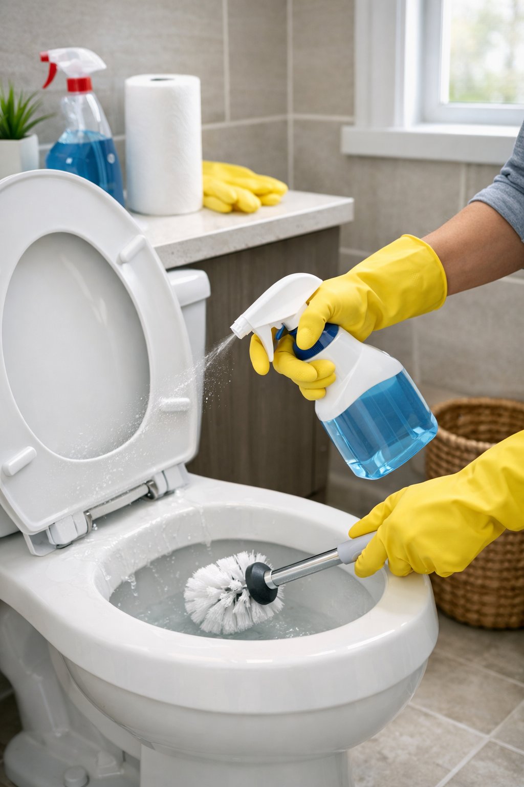 How to Clean a Bathroom Step by Step: Comprehensive Cleaning Guide 7 Person wearing yellow gloves cleaning a white toilet with disinfectant spray and a brush in a bright bathroom.