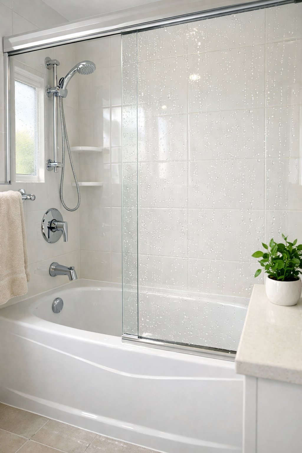 How to Clean a Bathroom Step by Step: Comprehensive Cleaning Guide 8 A clean white bathtub and shower area in a bright bathroom with natural light and a small plant on the counter.