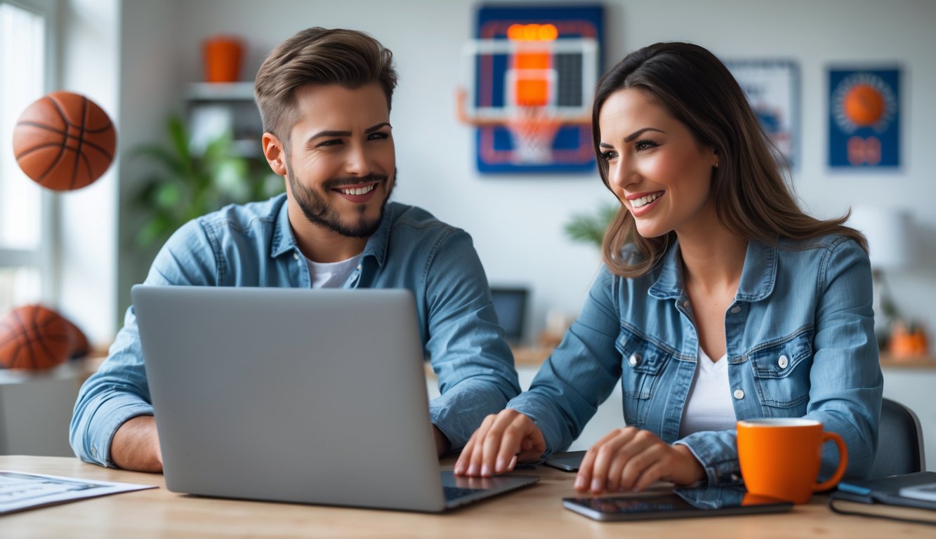 Dua orang muda sedang menggunakan laptop di ruang kerja modern dengan dekorasi bertema bola basket.