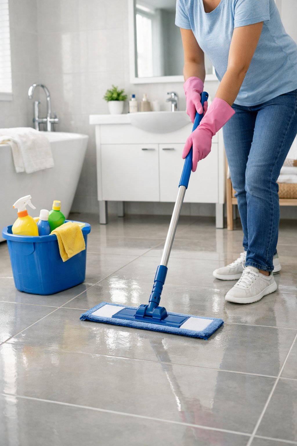 How to Clean a Bathroom Step by Step: Comprehensive Cleaning Guide 9 Person mopping a clean bathroom floor with a bucket of cleaning supplies nearby in a bright bathroom.