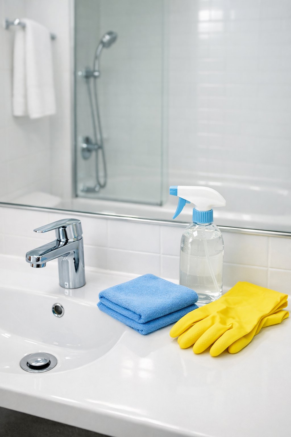 How to Clean a Bathroom Step by Step: Comprehensive Cleaning Guide 10 A clean and bright bathroom with a spotless sink, mirror, and neatly arranged cleaning supplies on the counter.