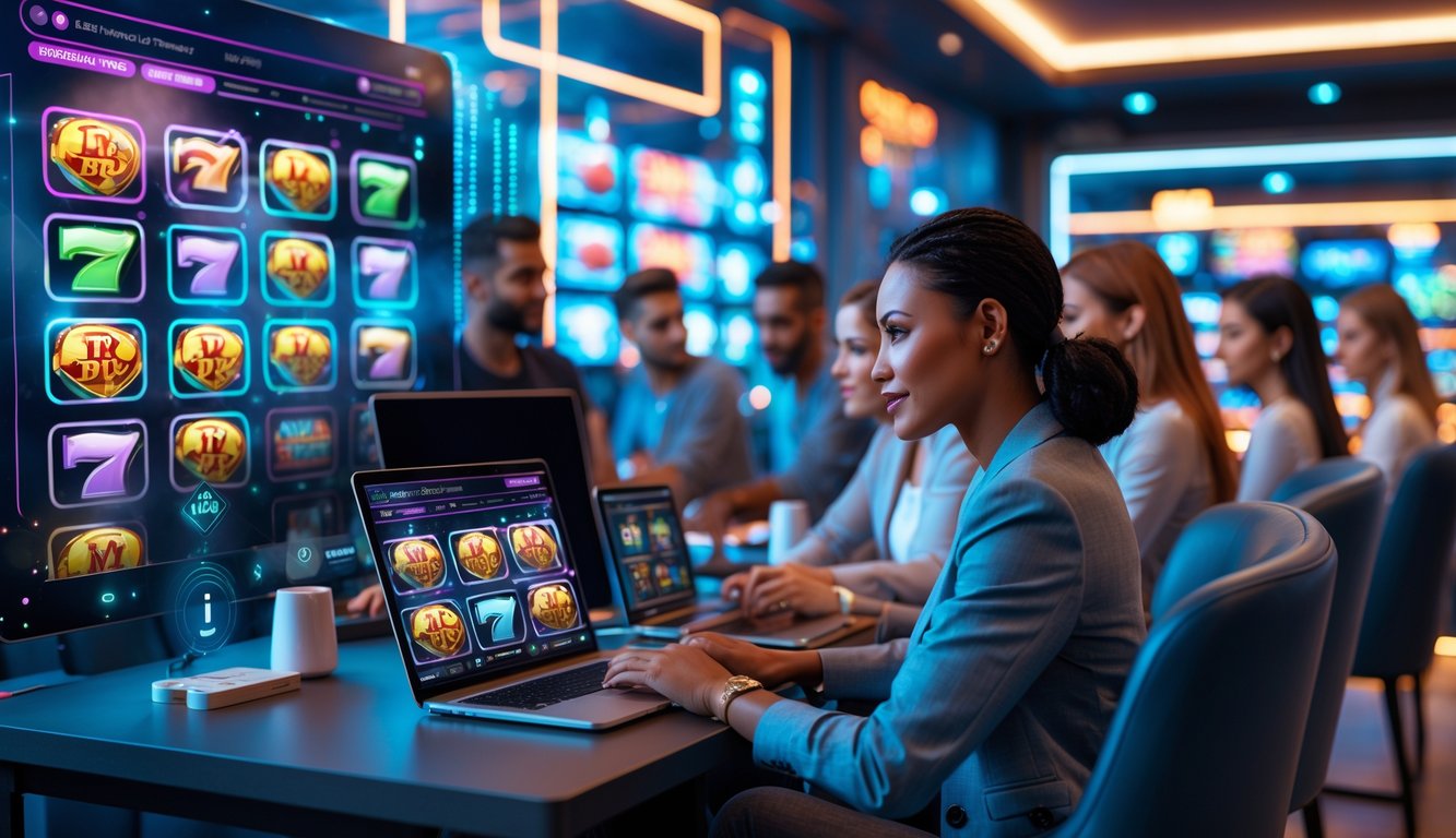 Sekelompok orang muda sedang bermain mesin slot digital di ruang santai modern dengan perangkat elektronik.