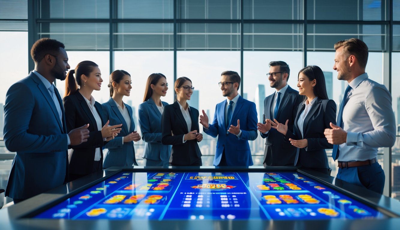 Sekelompok profesional bisnis sedang berdiskusi di ruang kantor modern dengan layar sentuh menampilkan grafik permainan slot dan diagram statistik.
