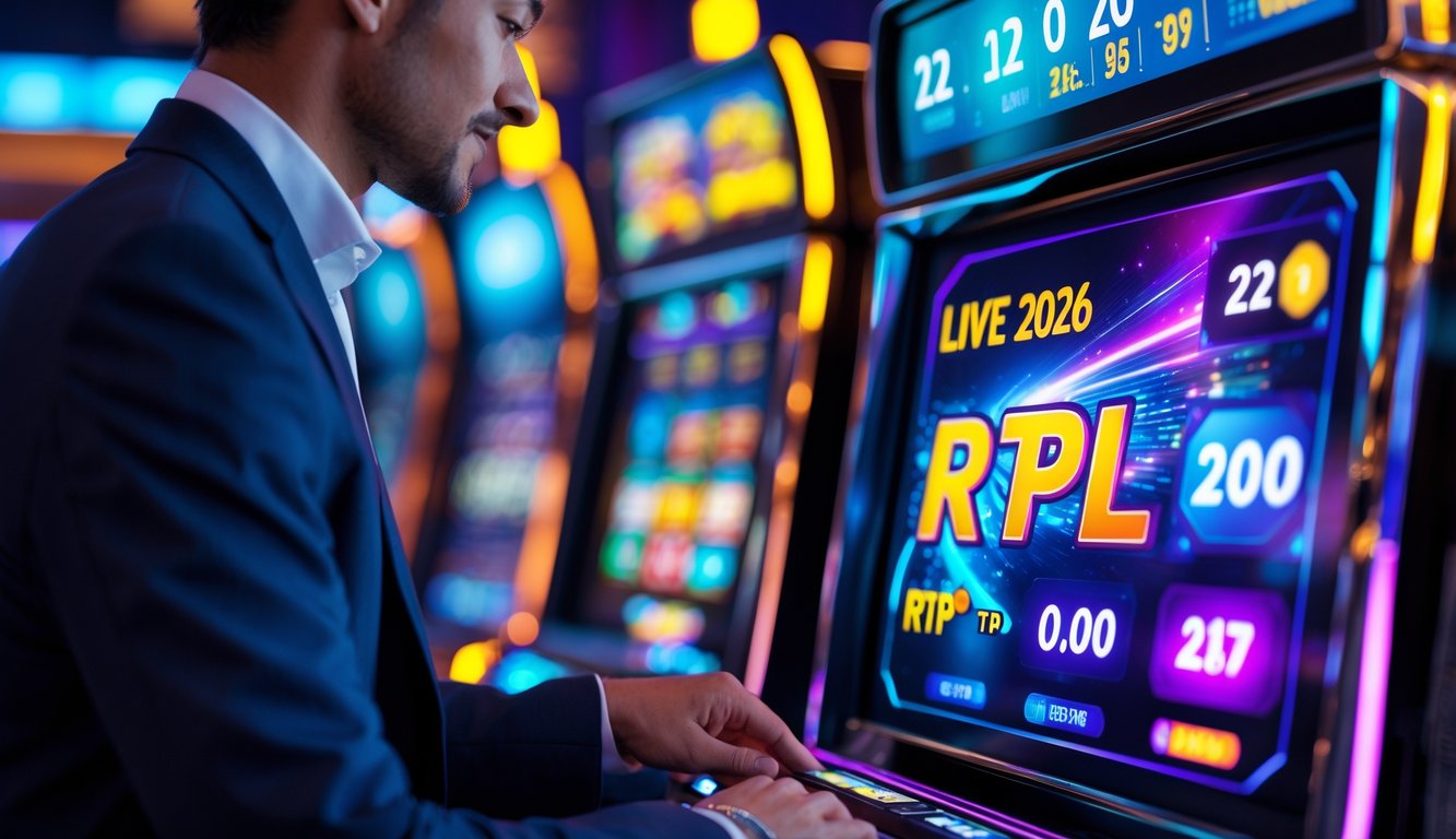 Seorang profesional sedang menggunakan mesin slot digital dengan tampilan layar berwarna cerah di lingkungan kasino modern.