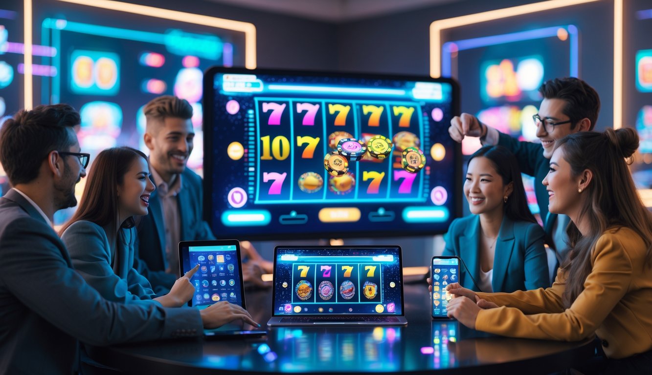 Orang-orang bermain permainan slot online dengan perangkat digital di ruangan modern yang terang dan futuristik.