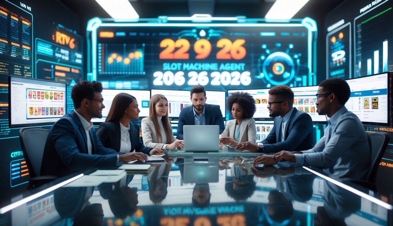 Sekelompok profesional muda bekerja bersama di kantor modern dengan layar komputer menampilkan permainan slot dan data analitik.