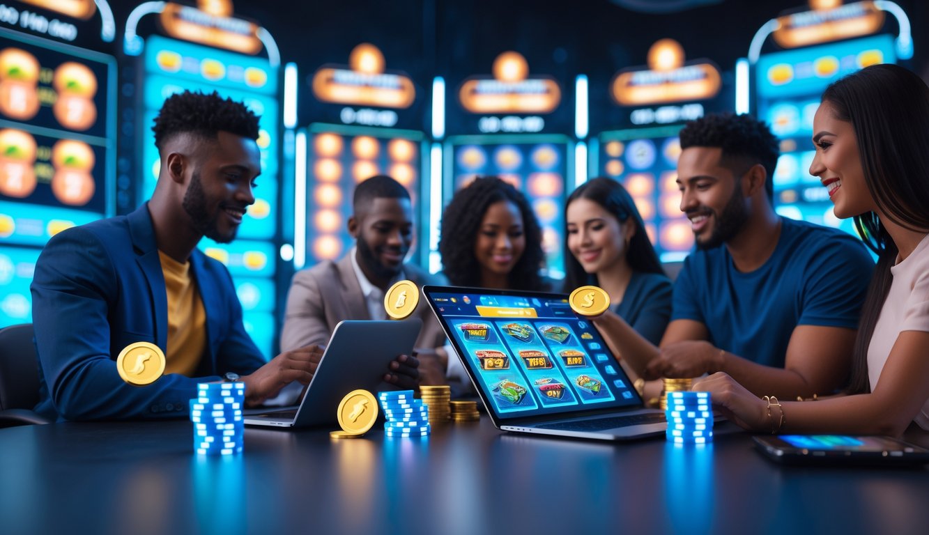 Orang-orang bermain mesin slot digital dengan perangkat elektronik di ruangan terang, menunjukkan suasana kemenangan dan kesenangan.