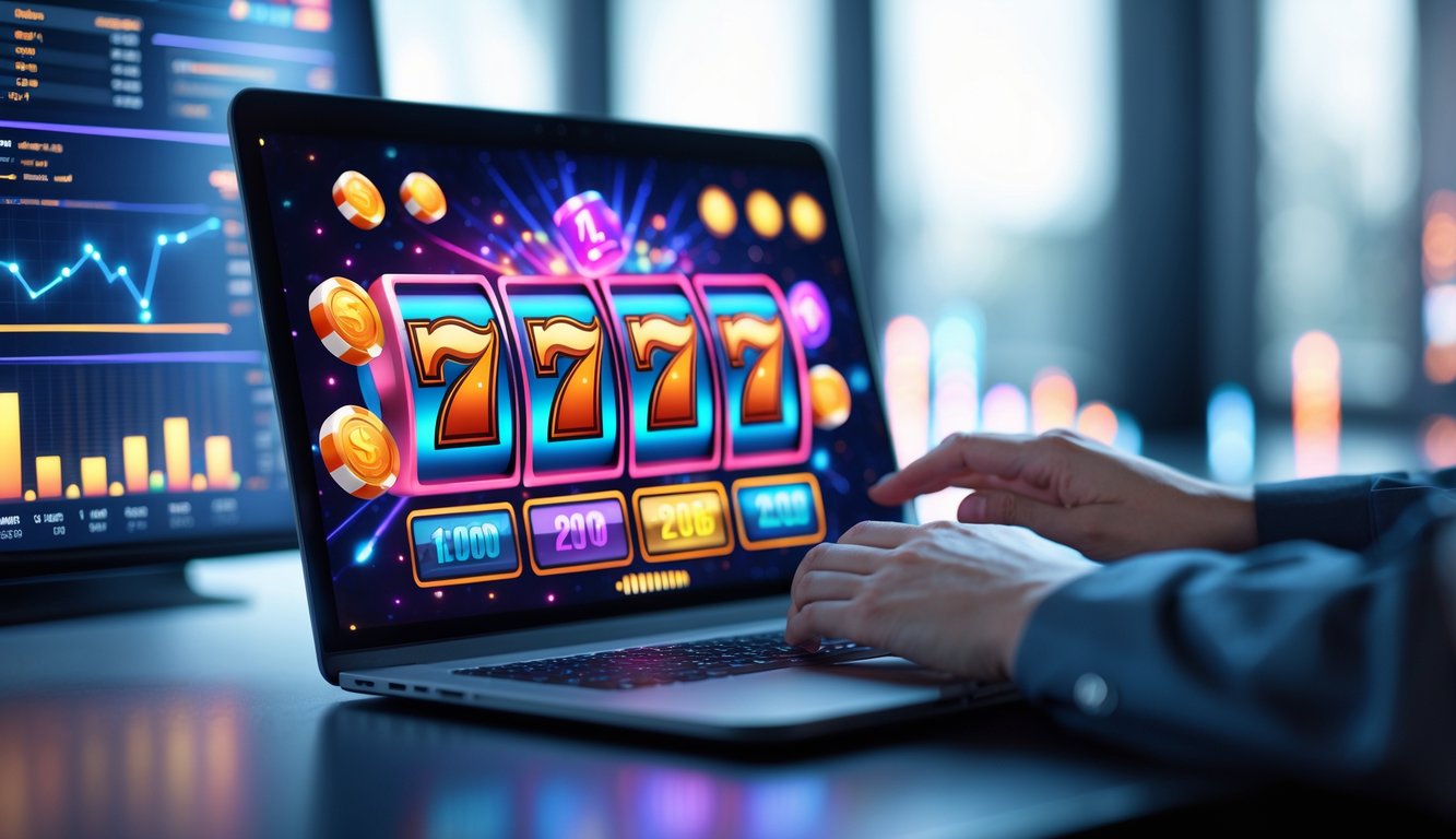 Seseorang menggunakan komputer dengan tampilan permainan slot online yang berwarna-warni dan grafik data waktu nyata di latar belakang.