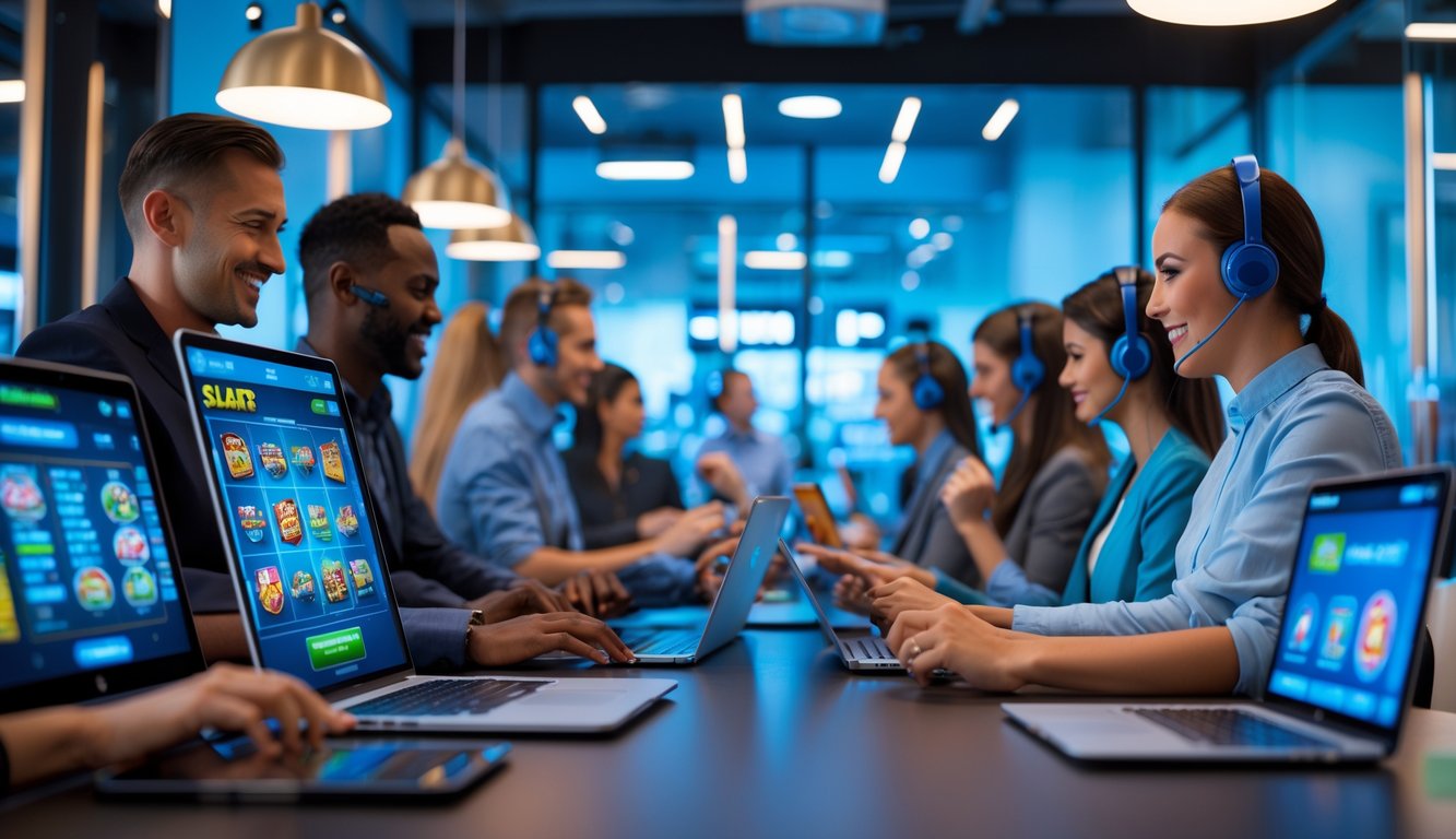 Orang-orang menggunakan perangkat digital untuk bermain mesin slot online dengan suasana layanan pelanggan 24 jam di latar belakang.