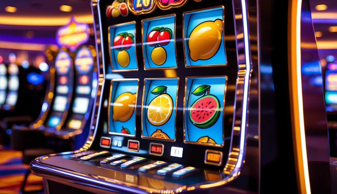 Mesin slot dengan simbol buah berwarna cerah di dalam kasino yang ramai.