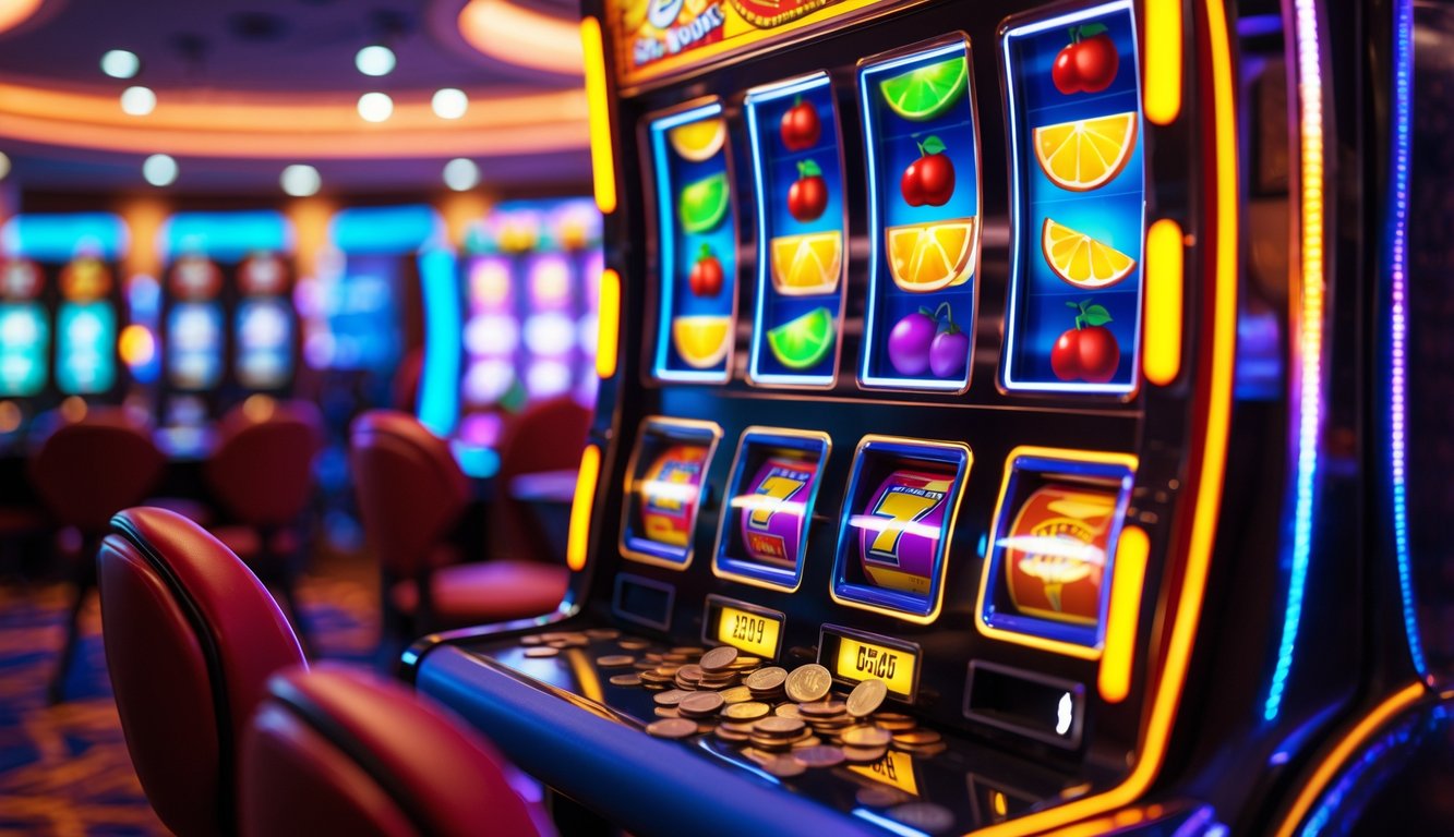 Mesin slot buah yang berwarna-warni dengan koin yang keluar di lingkungan kasino.