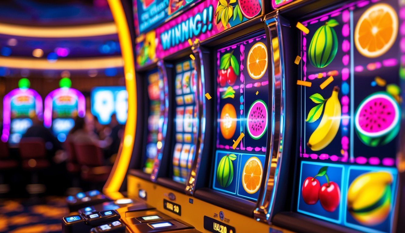 Mesin slot buah berwarna-warni dengan lampu terang dan suasana kasino yang ramai.