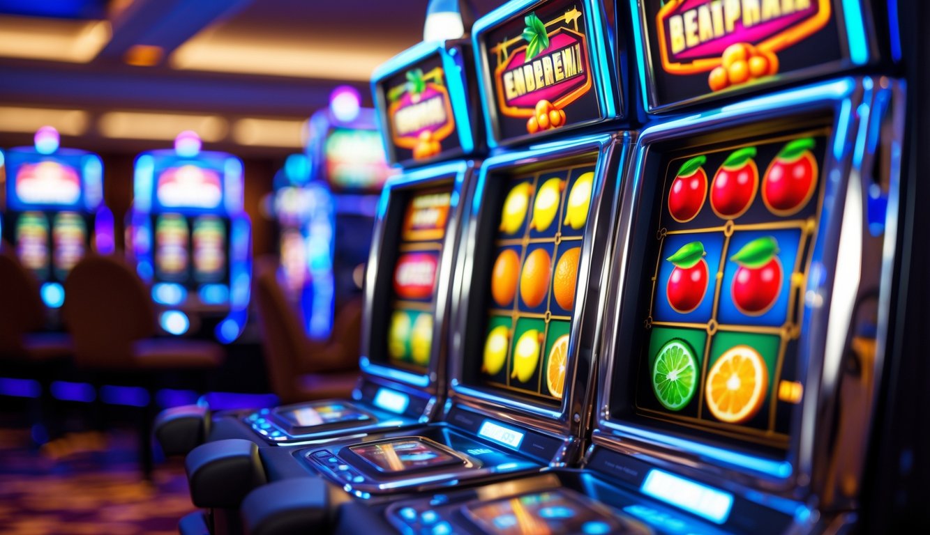 Mesin slot buah berwarna cerah dengan simbol buah klasik di kasino yang ramai.