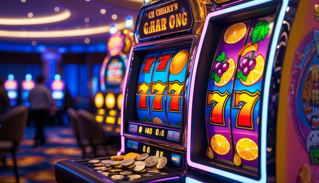 Mesin slot buah berwarna cerah dengan kombinasi kemenangan dan koin yang keluar di dalam kasino.