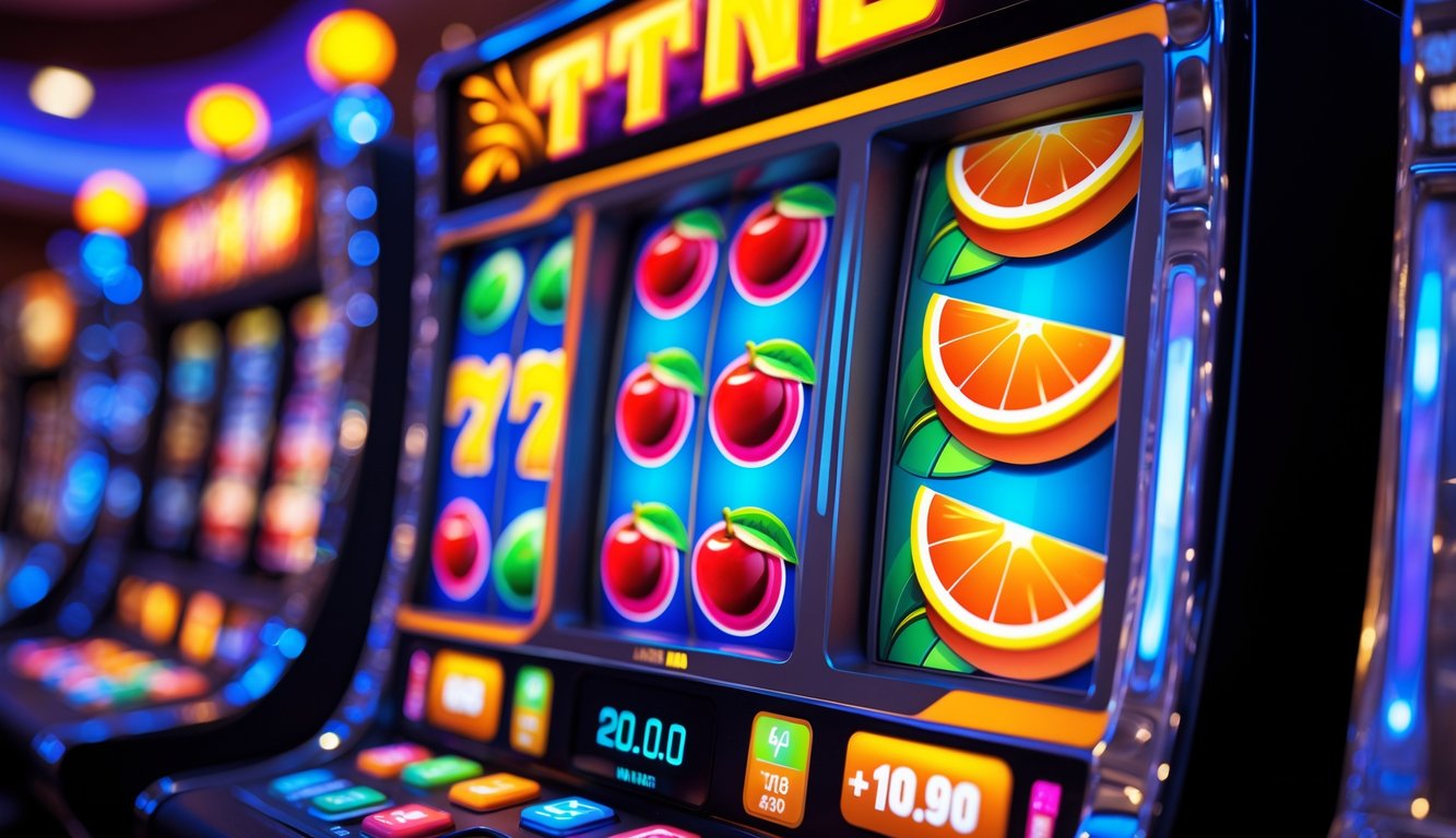 Mesin slot buah tropis berwarna cerah dengan kombinasi kemenangan di layar dan pencahayaan hangat.