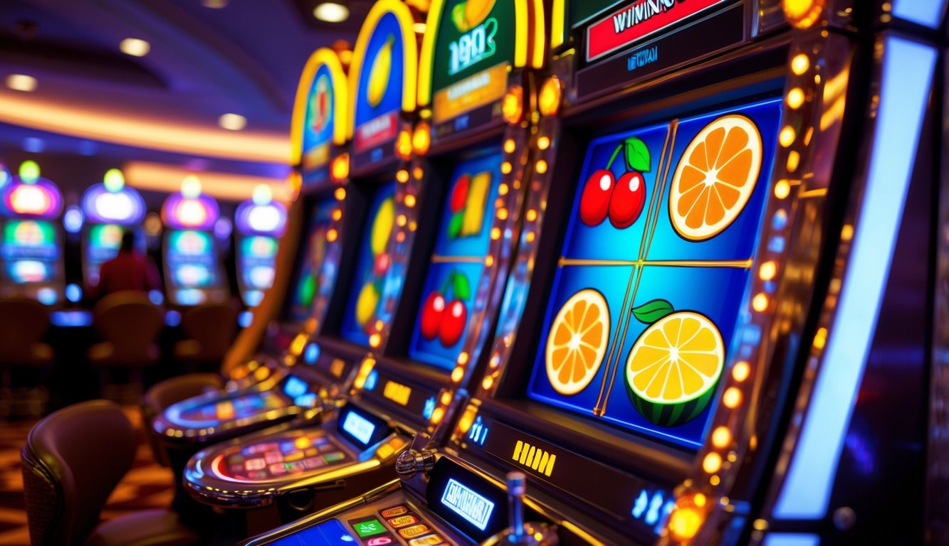 Mesin slot buah berwarna cerah dengan simbol buah klasik di dalam kasino modern.