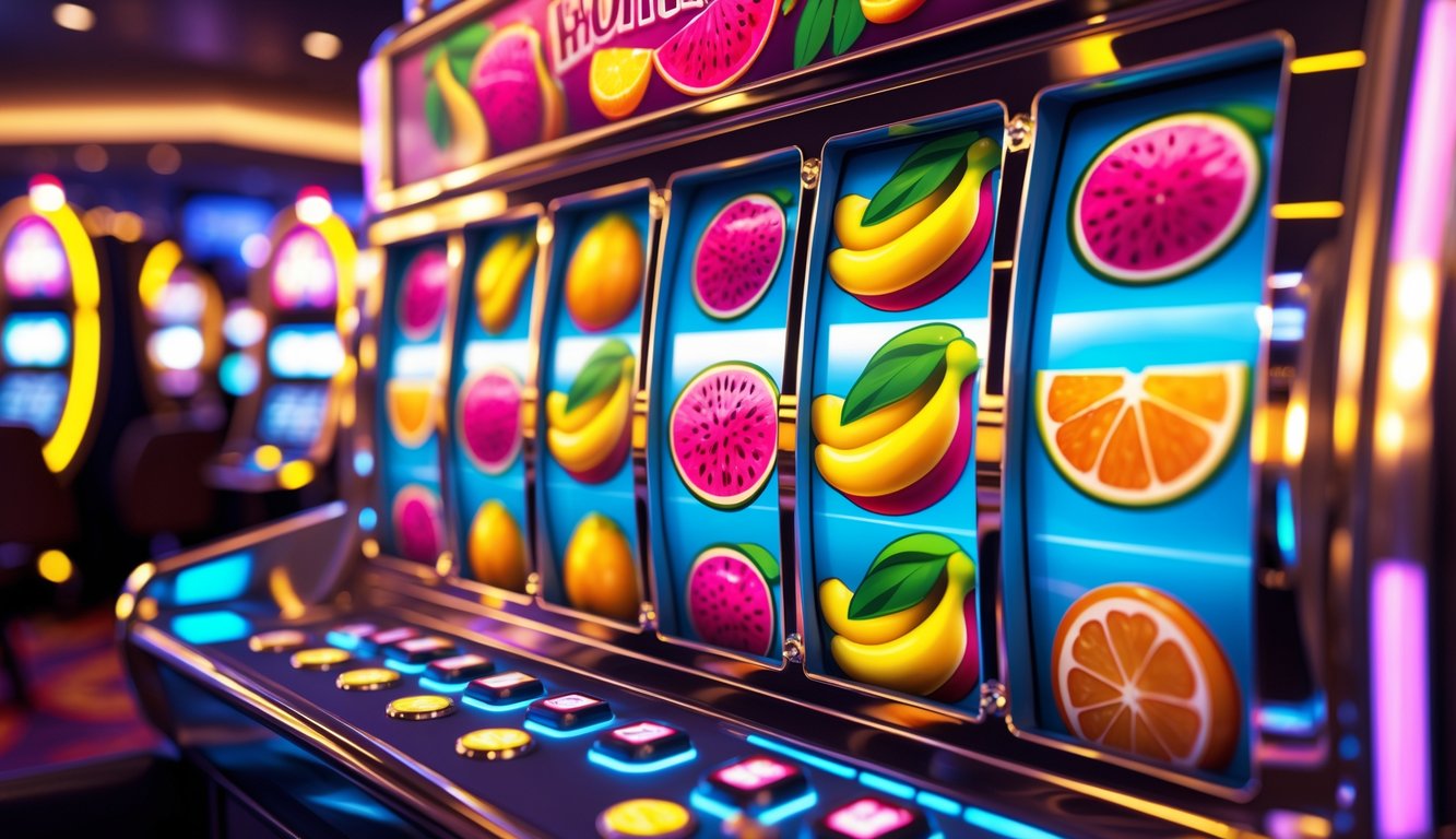Mesin slot dengan gambar buah-buahan tropis yang cerah dan berwarna-warni di dalam kasino.