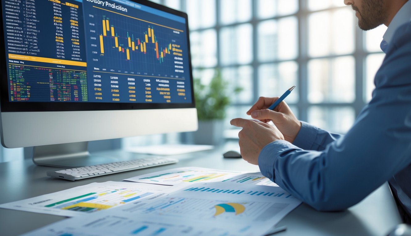 Meja kerja dengan komputer menampilkan grafik dan data angka, tangan seseorang menunjuk layar, suasana kantor terang dan profesional.