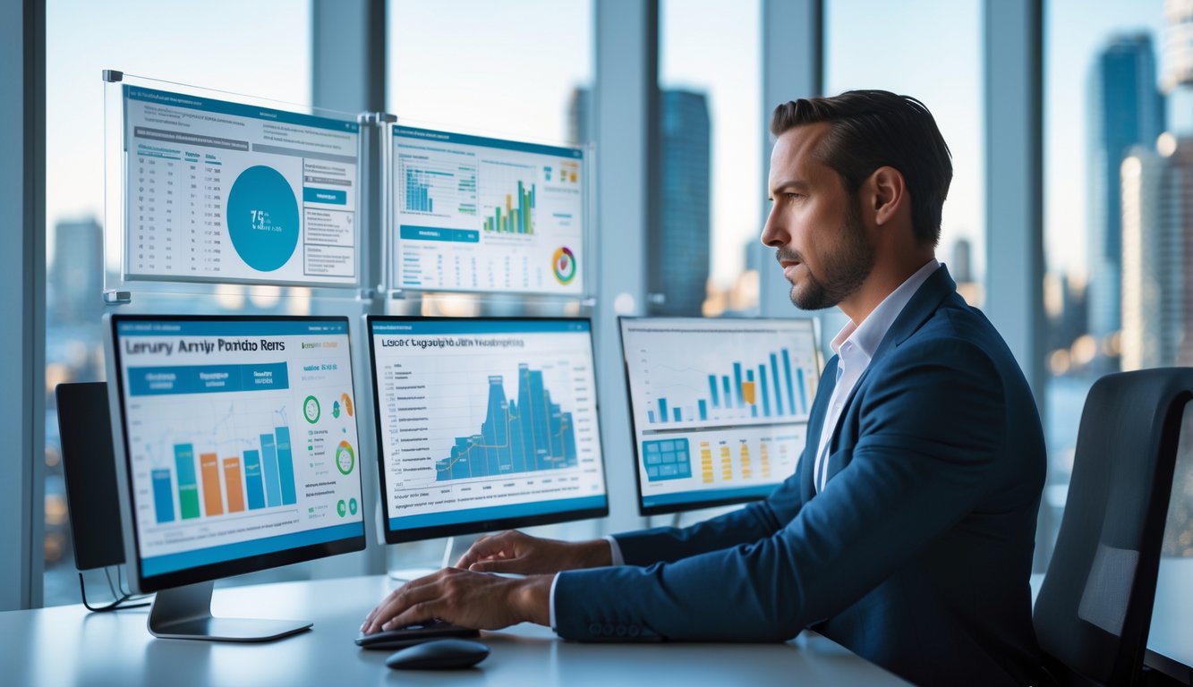 Seorang profesional sedang menganalisis data di kantor modern dengan pemandangan kota Sydney di latar belakang.