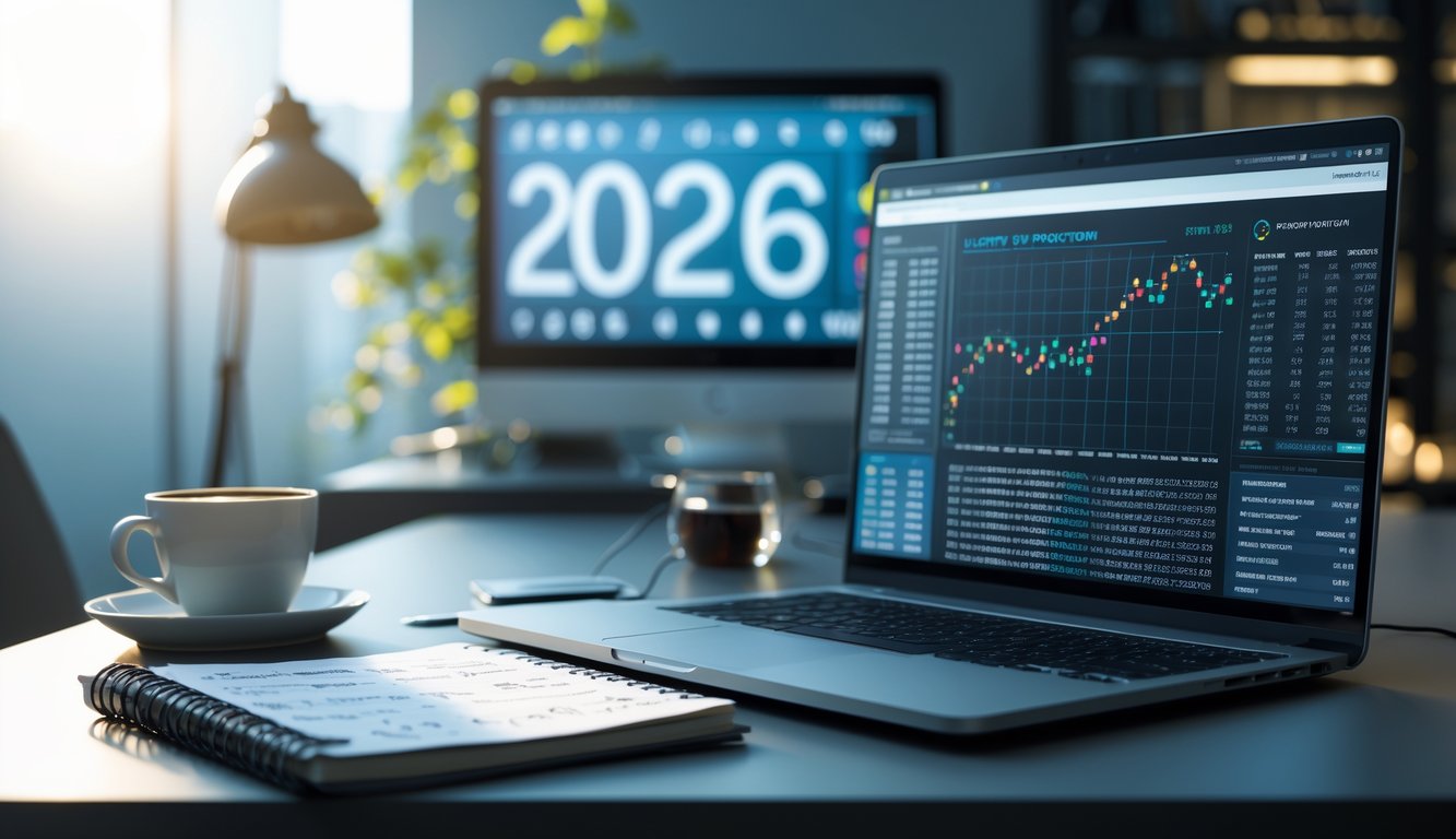 Meja kerja modern dengan laptop, buku catatan, dan cangkir kopi yang menunjukkan suasana analisis angka togel tahun 2026.