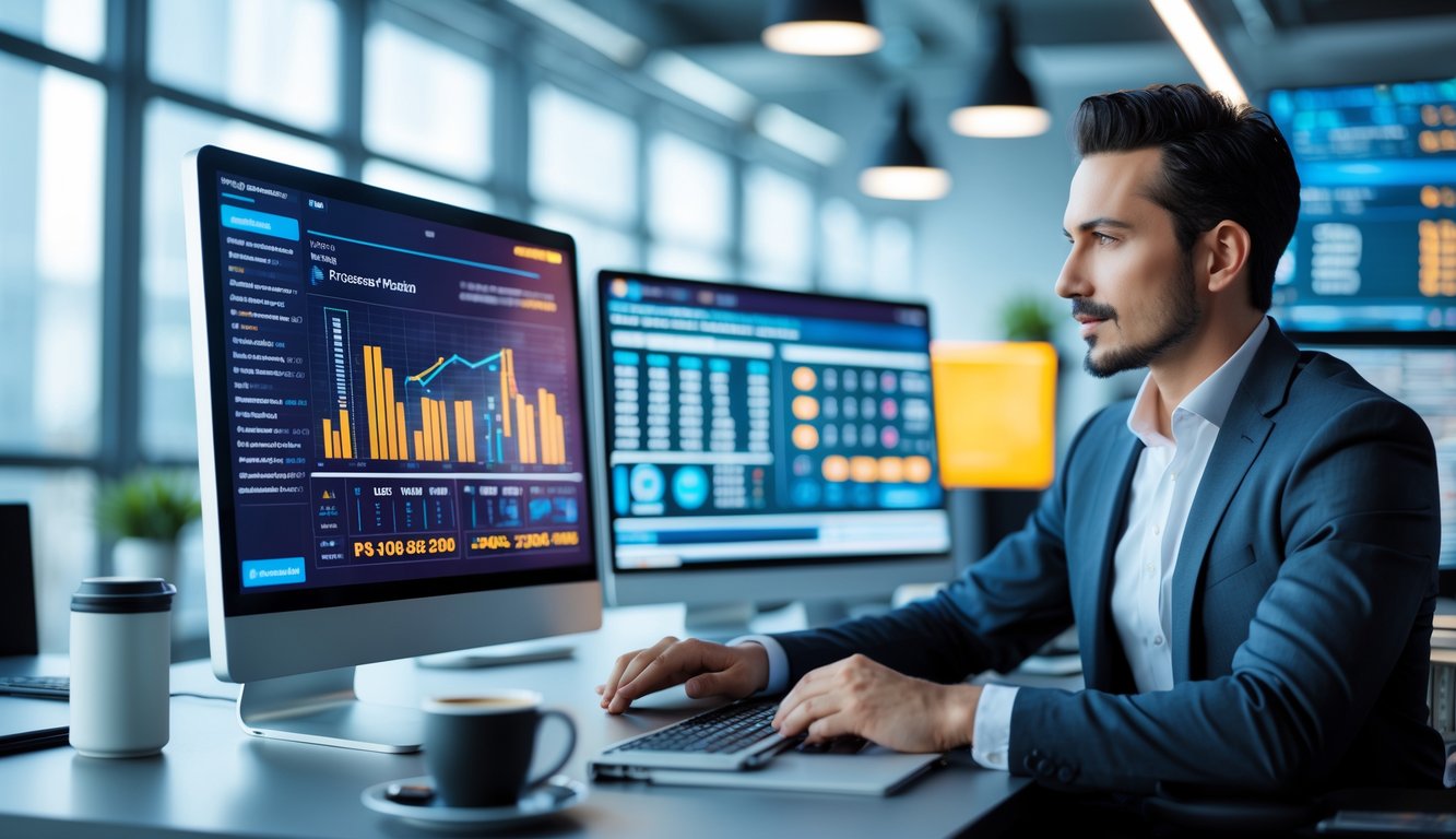Seorang profesional sedang menganalisis data pada komputer di kantor modern dengan grafik dan angka yang kompleks.