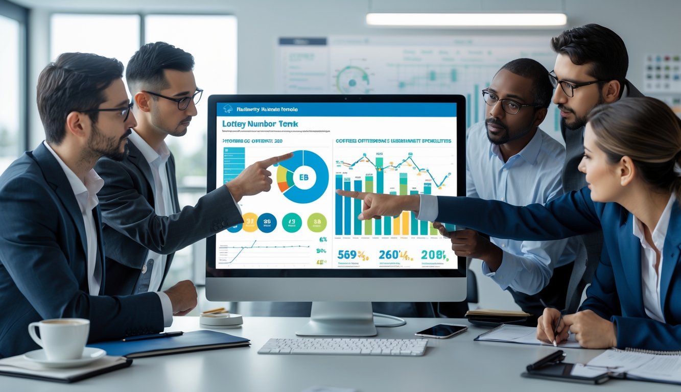 Sekelompok profesional sedang berdiskusi di kantor dengan layar komputer yang menampilkan grafik dan data analisis.