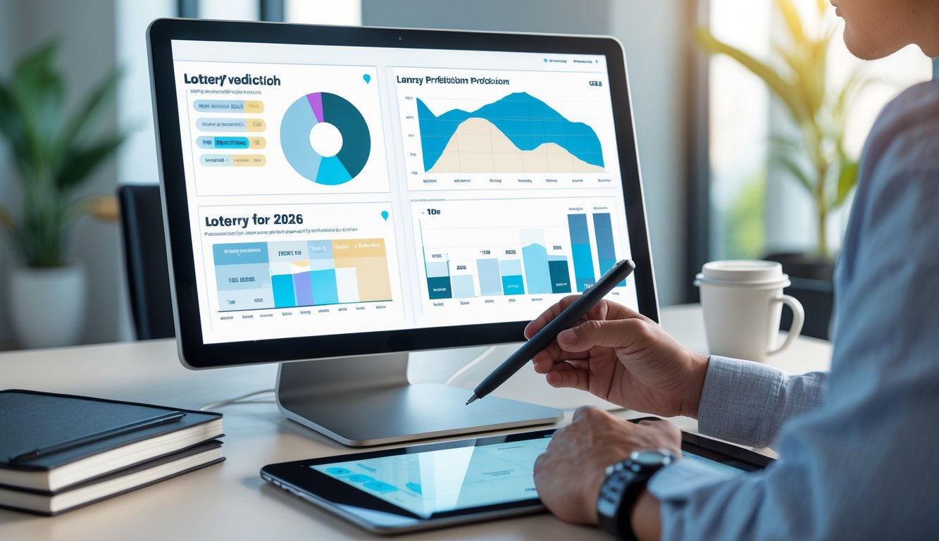 Meja kerja modern dengan komputer yang menampilkan grafik dan data, serta tangan seseorang yang menggunakan tablet di sampingnya.