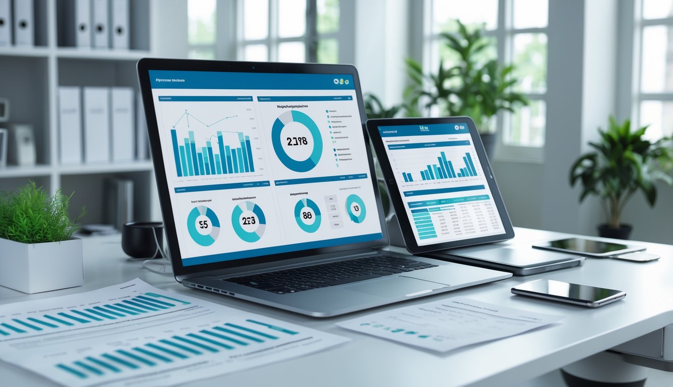Meja kerja modern dengan perangkat digital dan dokumen berisi data angka dan grafik untuk analisis togel tahun 2026.