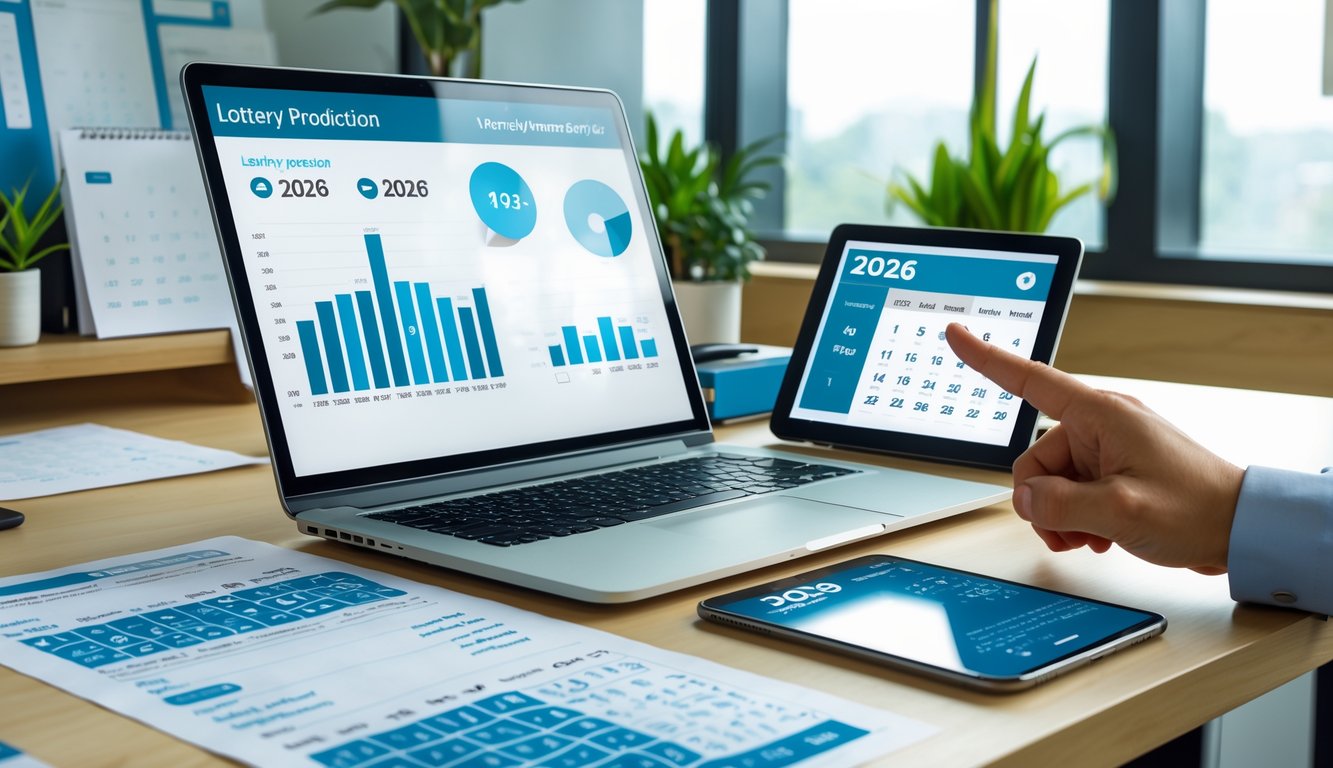 Suasana kantor modern dengan meja kerja yang memiliki laptop, tablet, dan smartphone menampilkan data dan grafik, serta tangan seseorang menunjuk layar laptop.