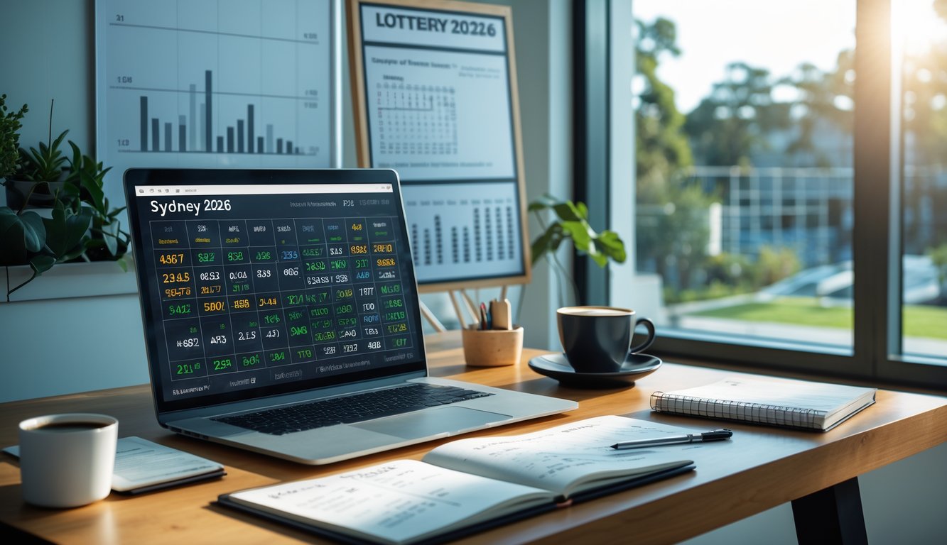 Meja kerja modern dengan laptop, buku catatan, dan cangkir kopi yang menunjukkan suasana analisis angka togel Sydney tahun 2026.